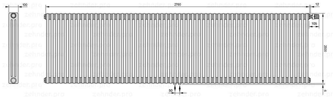 Схема (чертеж) Радиатор Zehnder Charleston 3250/60 №V008 Белый глянцевый RAL 9016